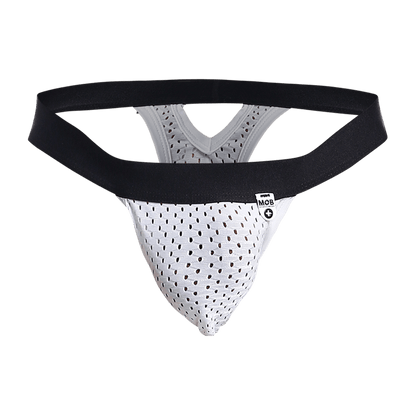 White perforated mesh athletic supporter thong with black elastic waistband and mob brand tag front view