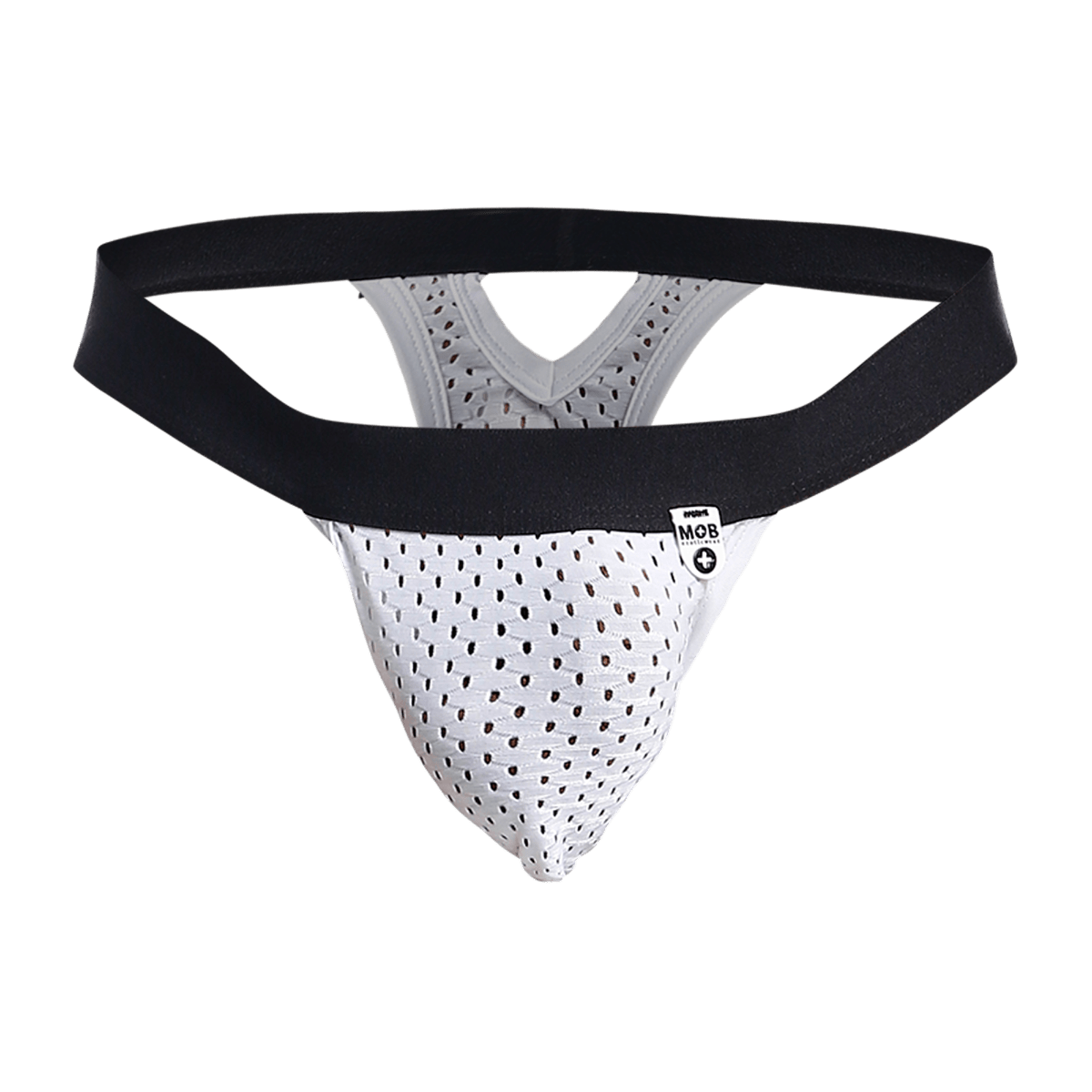 White perforated mesh athletic supporter mob mesh y thong with black elastic waistband and small mob brand tag