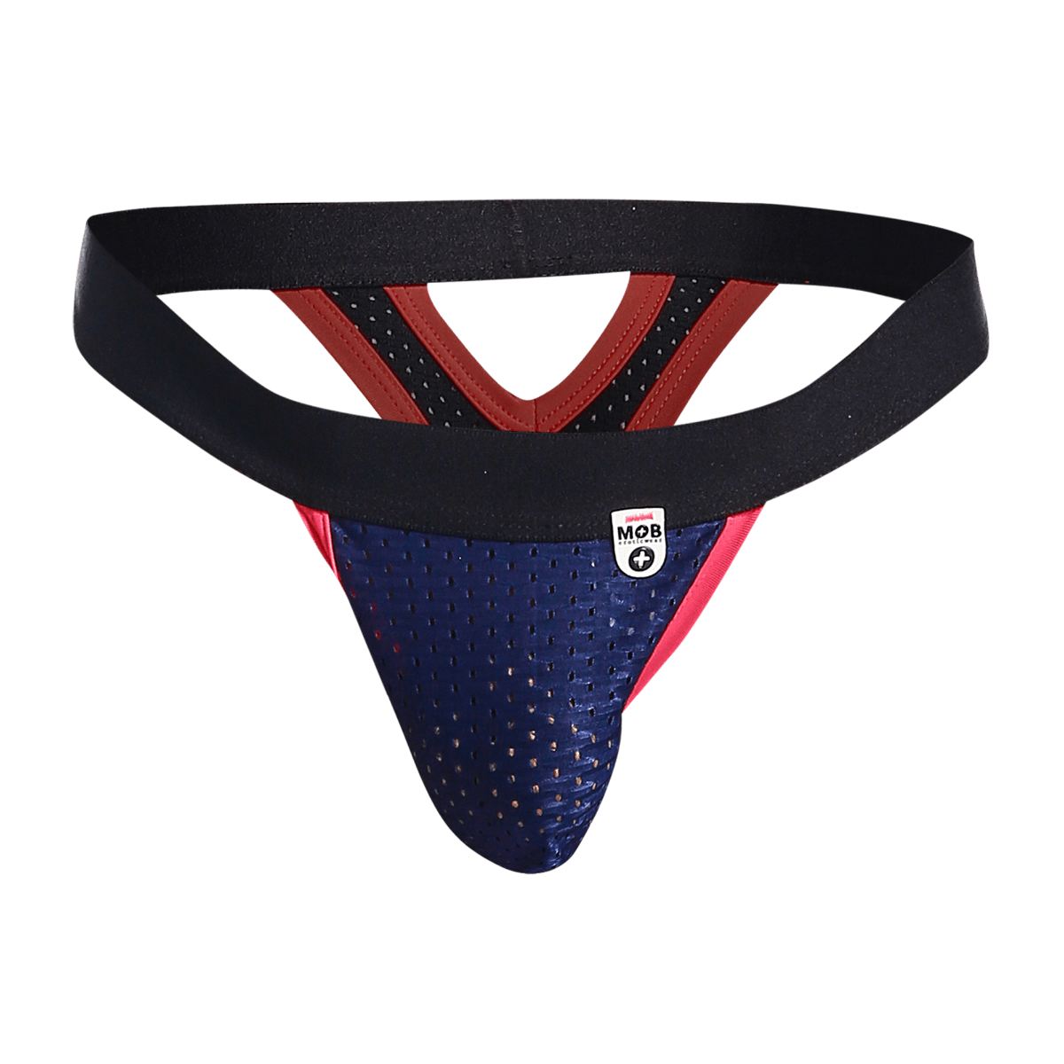 Blue and red perforated mob mesh y thong with black elastic waistband shown from the back side