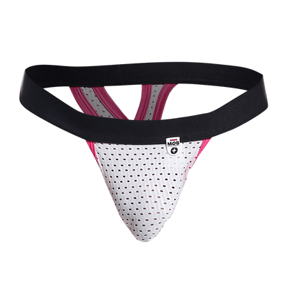 White perforated mesh mob mesh y thong athletic supporter with black and pink trim and branded tag
