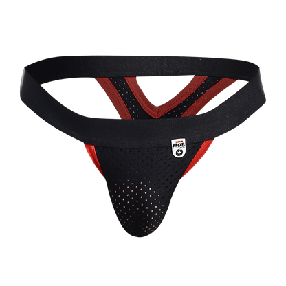 Black and red perforated athletic supporter mesh y thong with branded logo patch visible on the front side