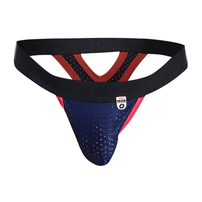 Blue and red perforated athletic supporter mob mesh y thong with black elastic waistband for sports use