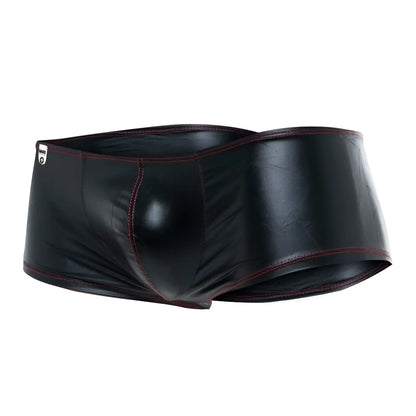 Black patent leather mob mirror boxer briefs with dark red stitching for final sale close up of front side
