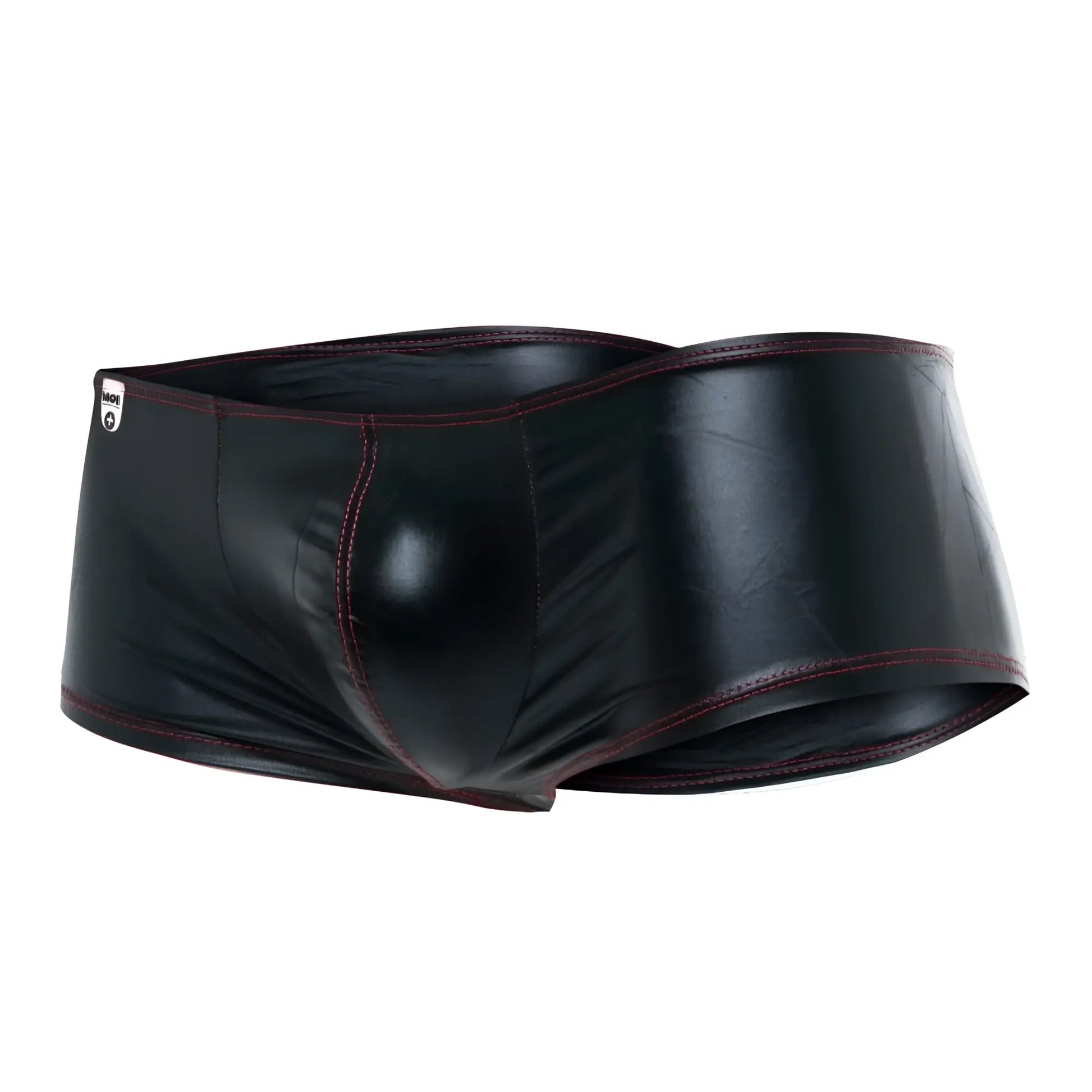 Black patent leather briefs with contrasting dark red stitching from mob mirror boxer final sale collection
