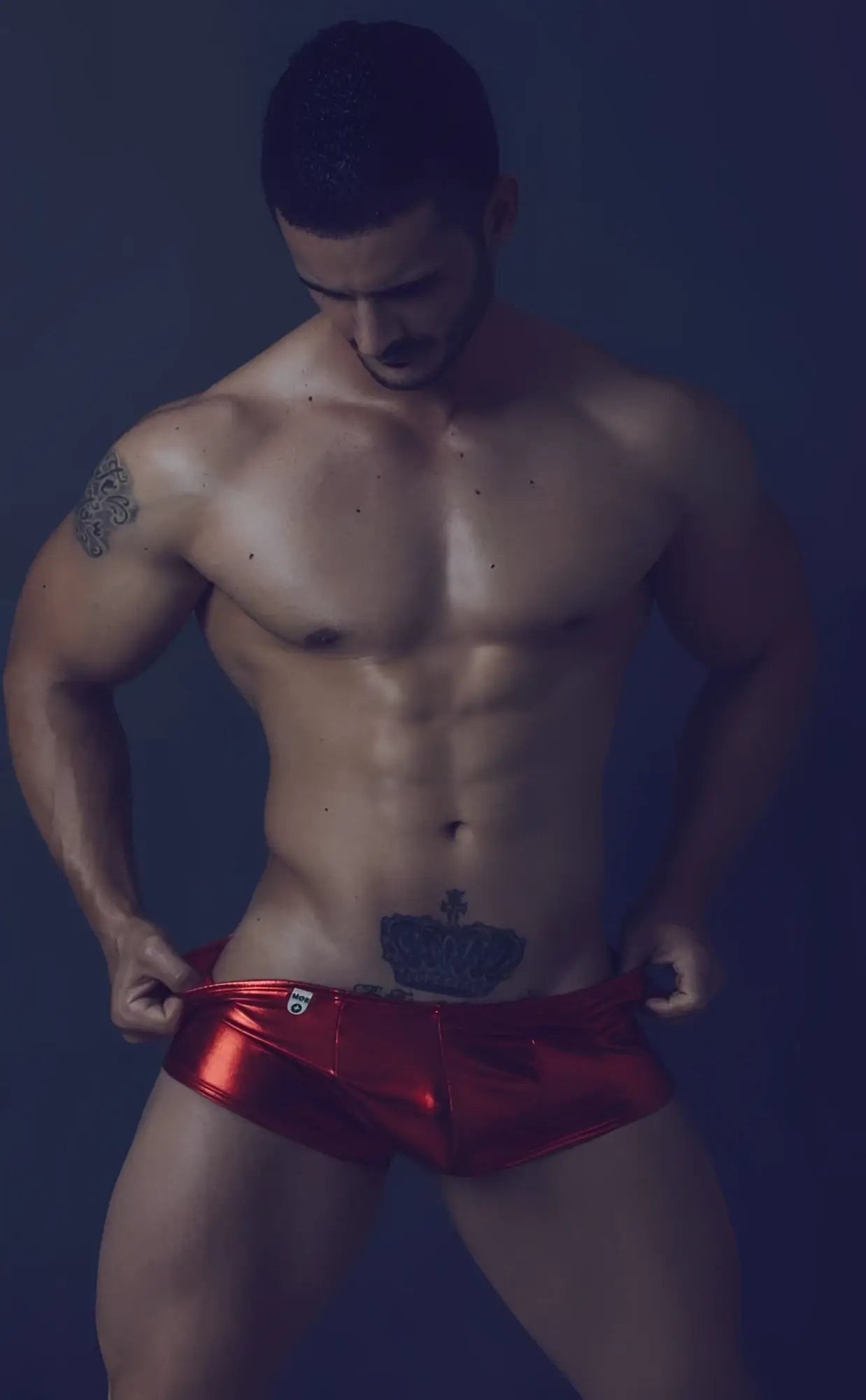 Shiny red metallic briefs from mob mirror boxer final sale featuring reflective material and bold color design