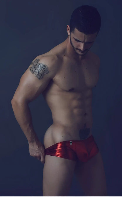 Shiny red metallic briefs with small logo on front from mob mirror boxer final sale collection