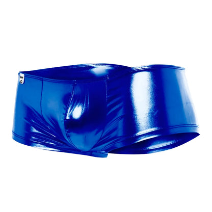Vibrant royal blue glossy patent leather mob mirror boxer briefs with sleek form fitting design front view