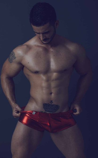 Shiny red metallic briefs mob mirror boxer showcasing reflective material and sleek design for stylish wear