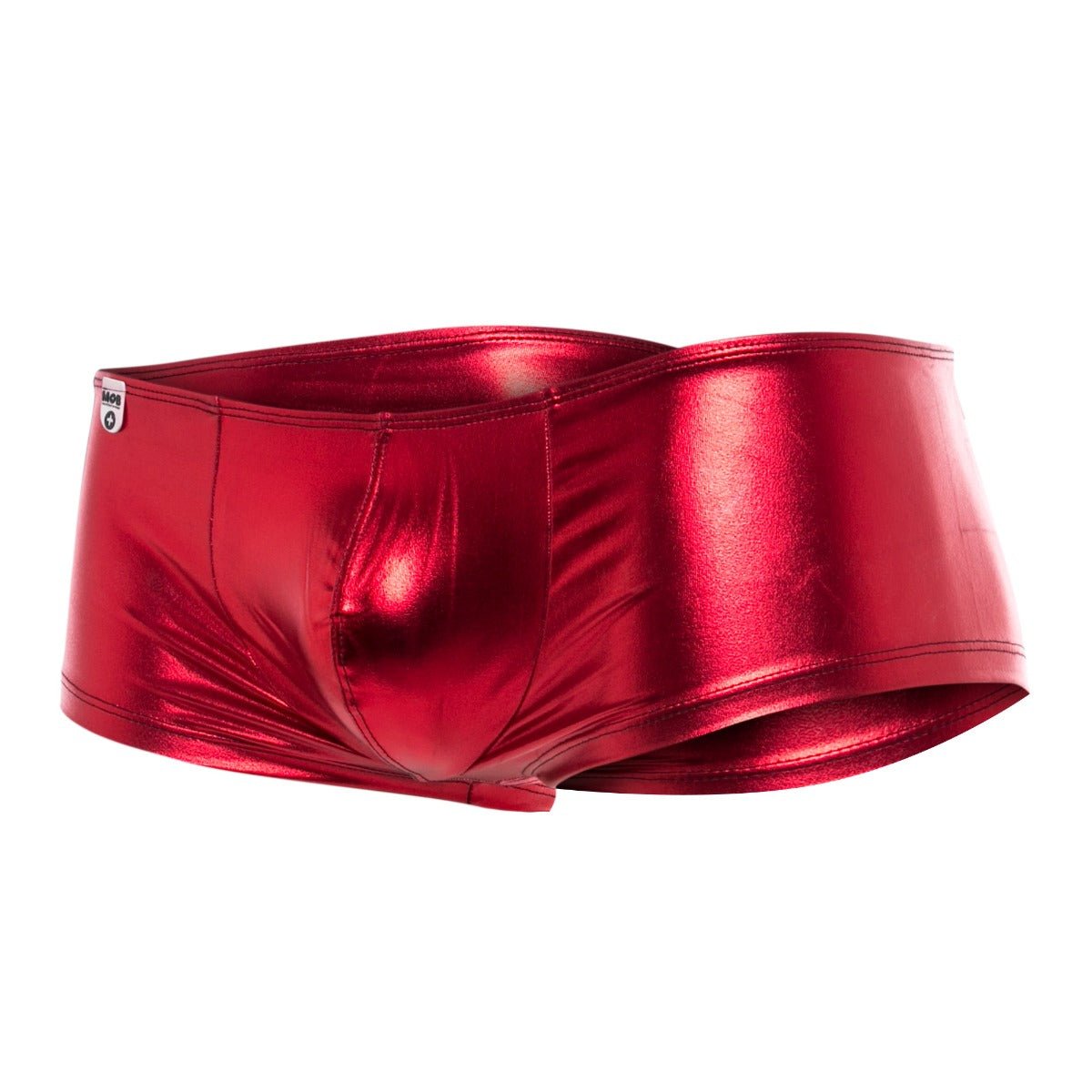 Shiny red metallic mob mirror boxer briefs with sleek form-fitting design shown from front view