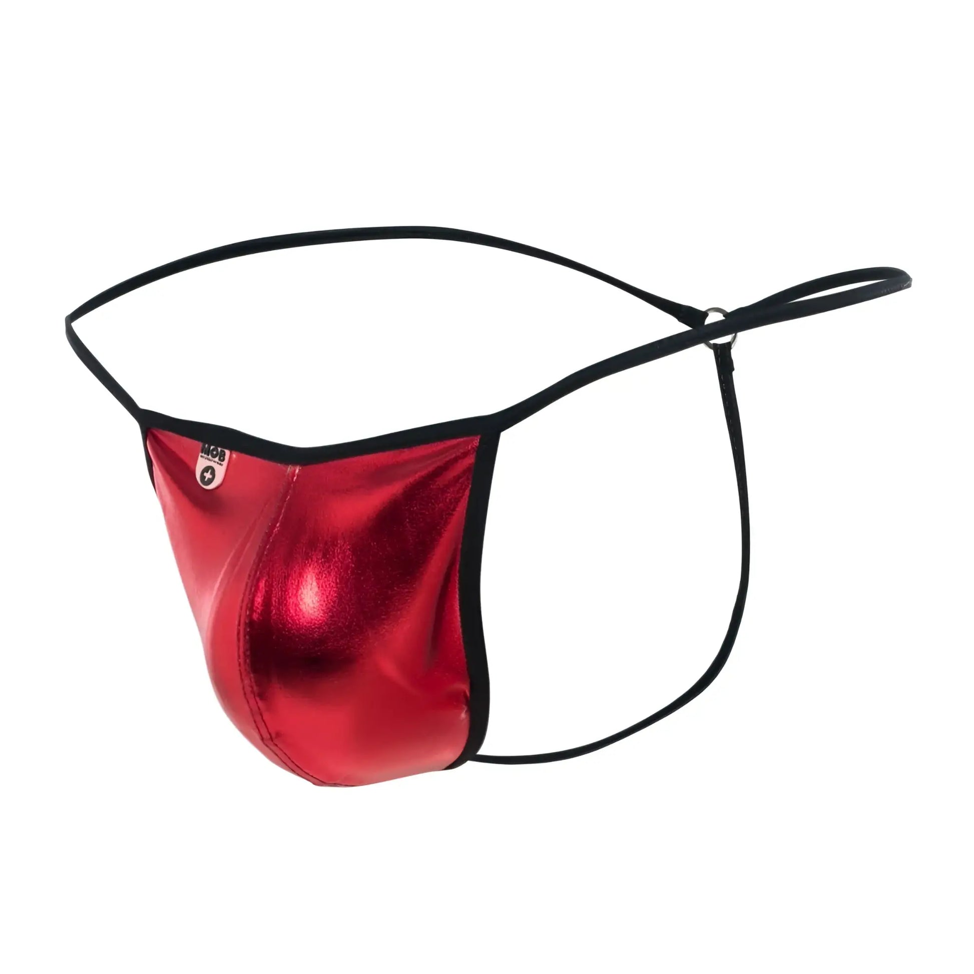 Red metallic fabric thong with black elastic straps and trim from mob mirror g string shown from the backside
