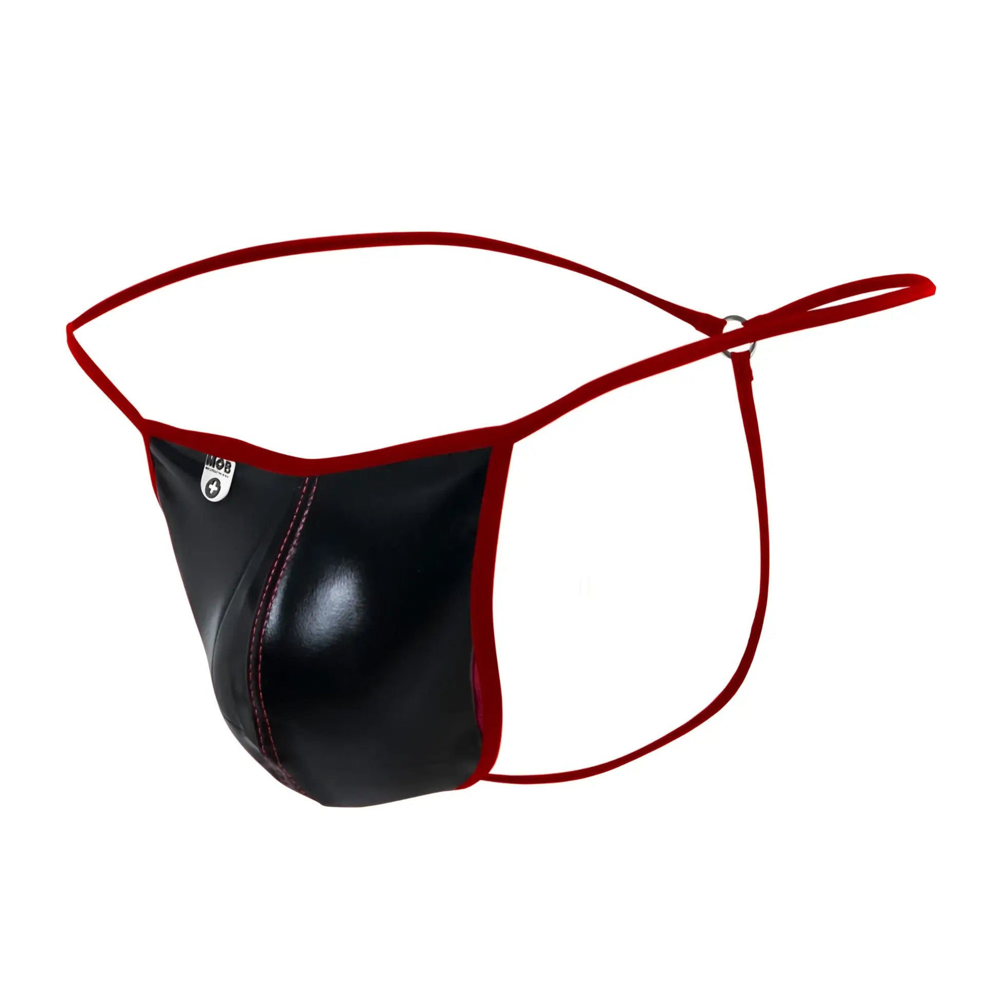 Black and red leather thong with glossy finish in mob mirror g string showing front side details