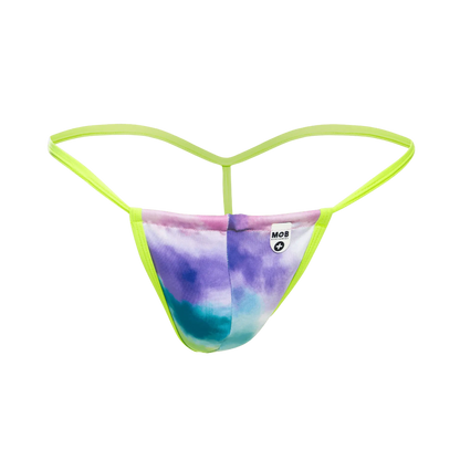 Mob print g-string out vibrant tie-dye thong with neon green elastic straps and purple blue pink gradient hues front view