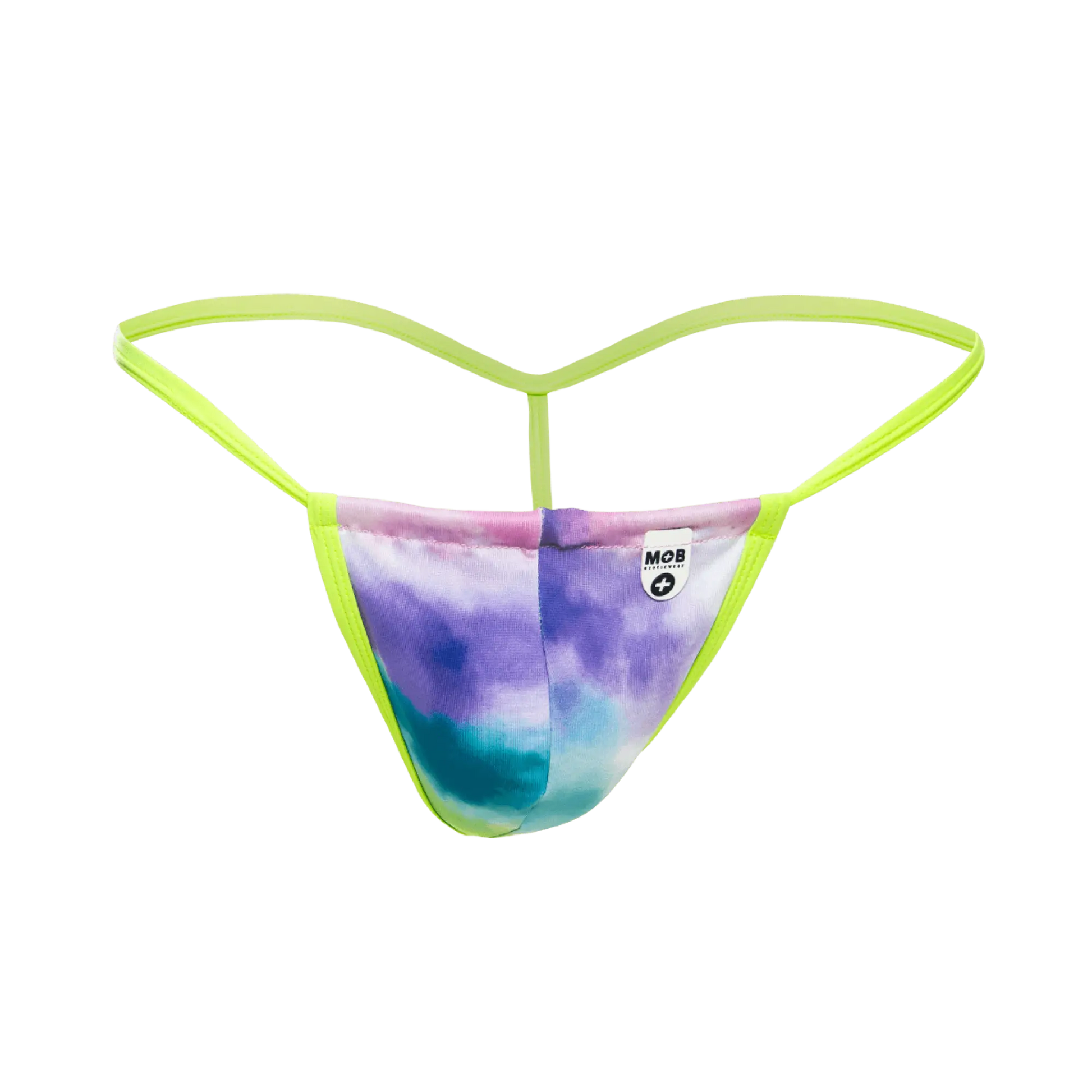 MOB Print G-String Out vibrant tie-dye thong with neon green elastic straps and purple blue pink gradient front view