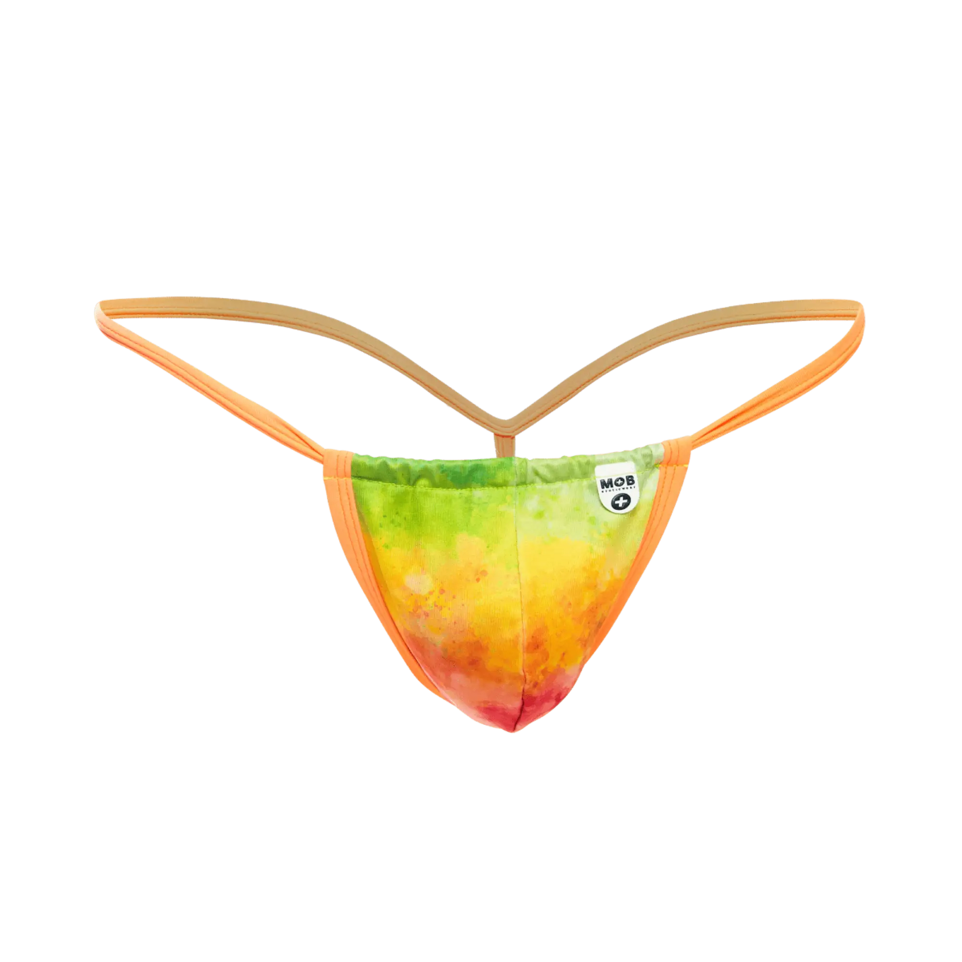 Vibrant rainbow tie-dye mob print g-string thong with orange elastic straps and soft stretchy fabric finish back view