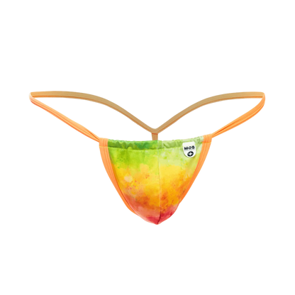 Vibrant rainbow tie-dye g-string mob print with orange elastic straps soft stretchy fabric finish back view