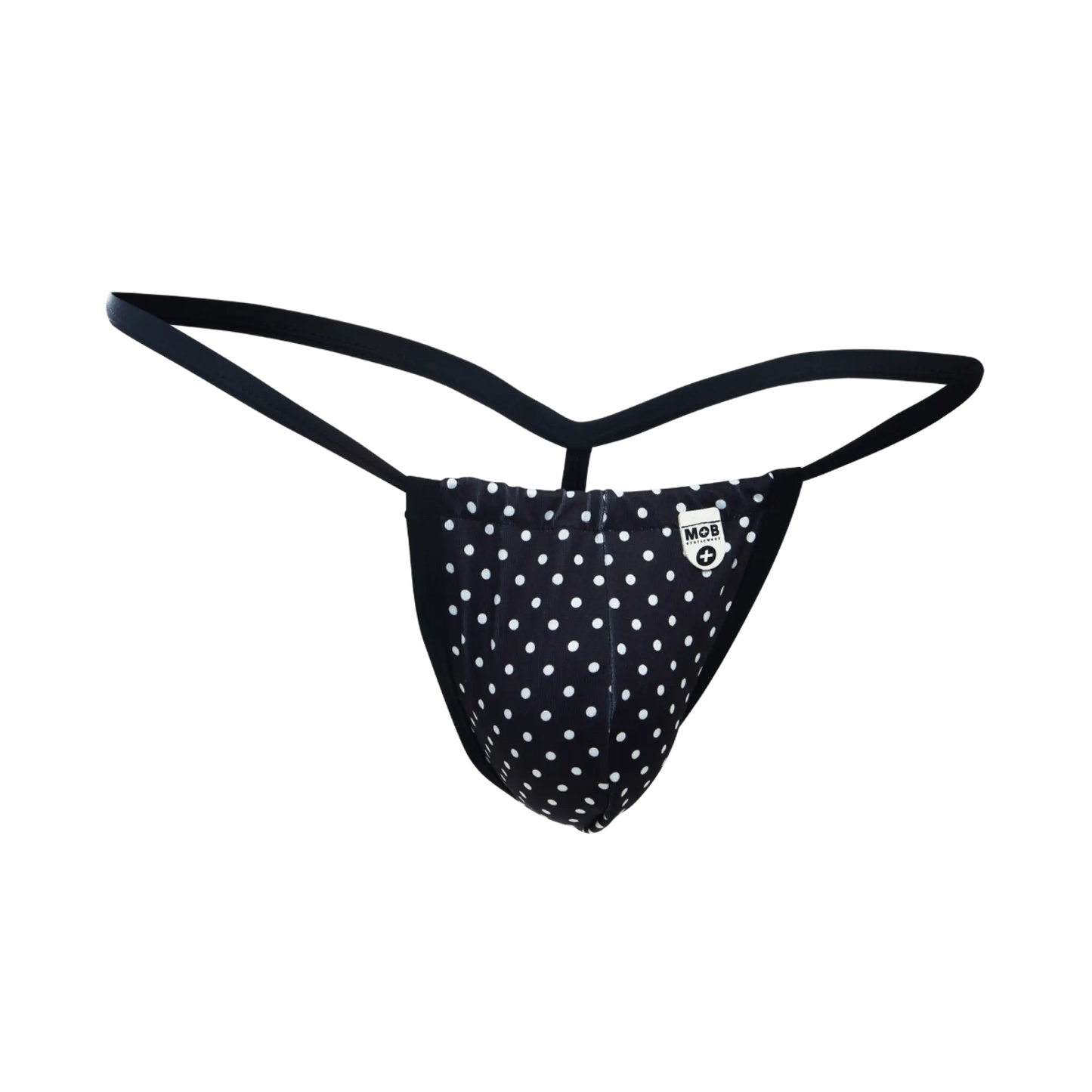 Black polka dot thong with white dots and small mob logo patch on front from mob print g-string out collection