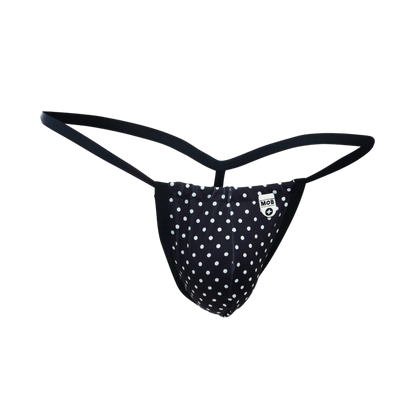 Black polka dot thong with white dots and small mob logo patch on front from mob print g-string out collection