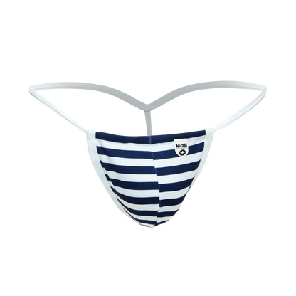 Navy and white striped thong with white elastic waistband in mob print g-string out style shown from the back side
