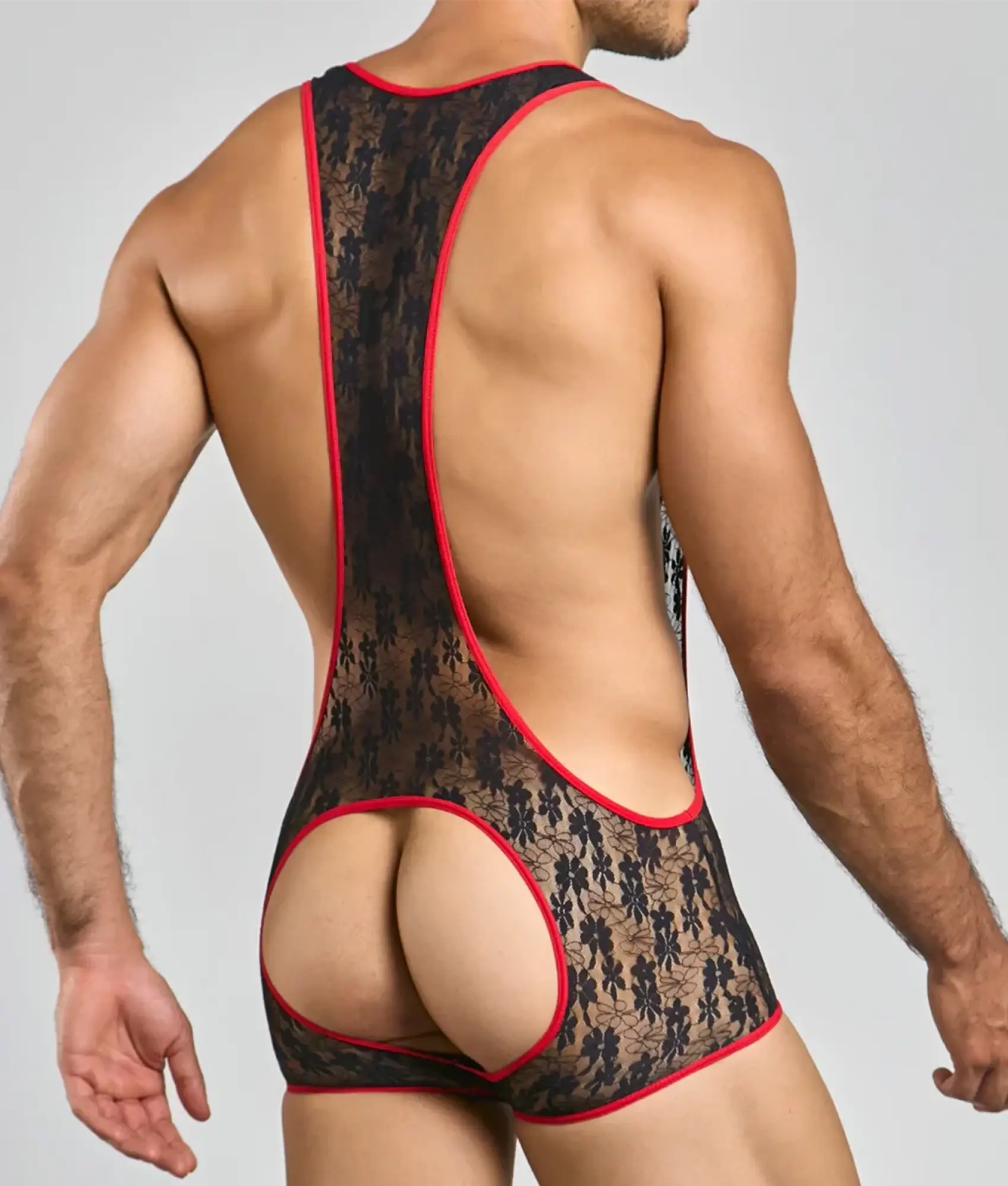 Mob singlet black lace bodysuit with red trim and floral pattern featuring sheer delicate fabric design