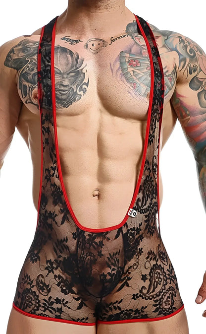 Black lace mob singlet bodysuit with red trim and intricate floral patterns, perfect for elegant lingerie wear