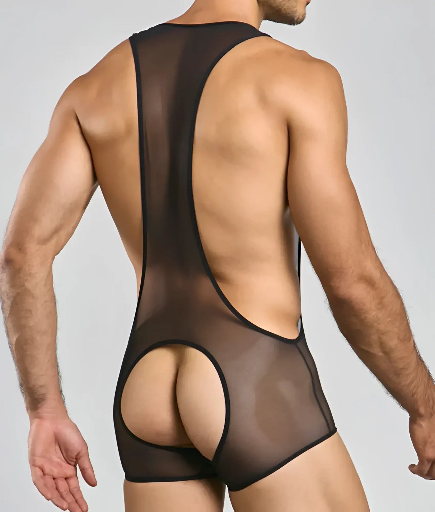 Back view of black sheer mesh mob singlet bodysuit with cutout and black trim