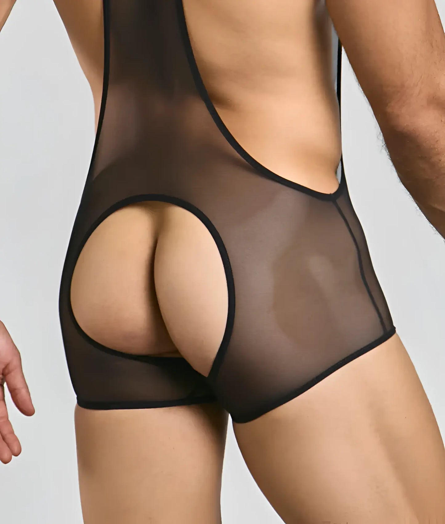 Back view of a black sheer mesh mob singlet bodysuit with a cutout detail at the back