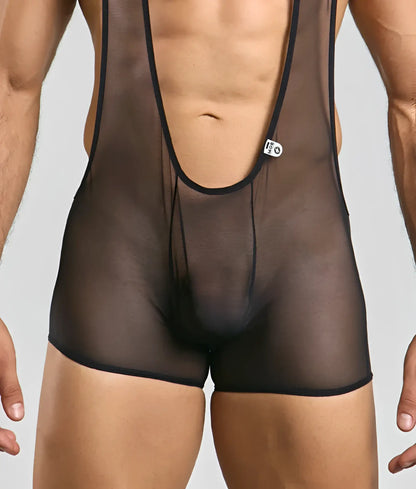 Black sheer mesh men’s bodysuit with black trim and small white logo tag from mob singlet collection
