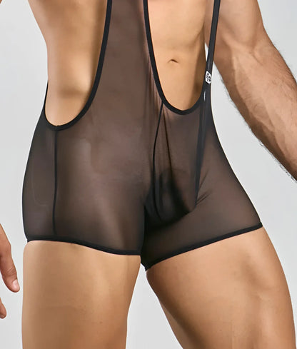 Black sheer mesh mob singlet with black trim and small logo on strap designed for wrestling use