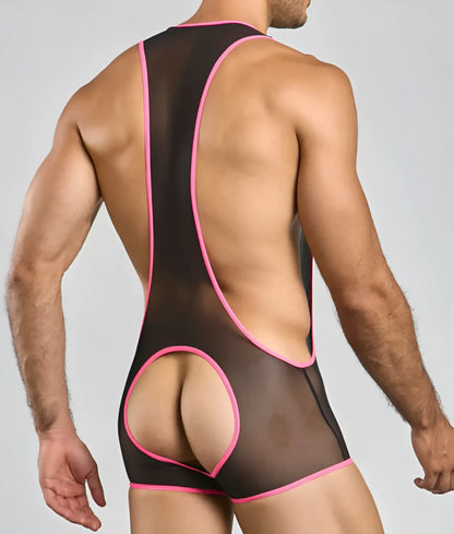 Back view of mob singlet black sheer wrestling singlet with vibrant pink trim and circular cutout detail