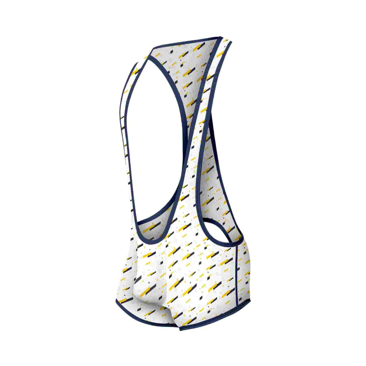 White cycling jersey mob singlet with yellow and black diagonal stripes trimmed in navy blue visible from front