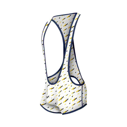 White cycling jersey mob singlet with yellow and black diagonal stripes trimmed in navy blue visible from front