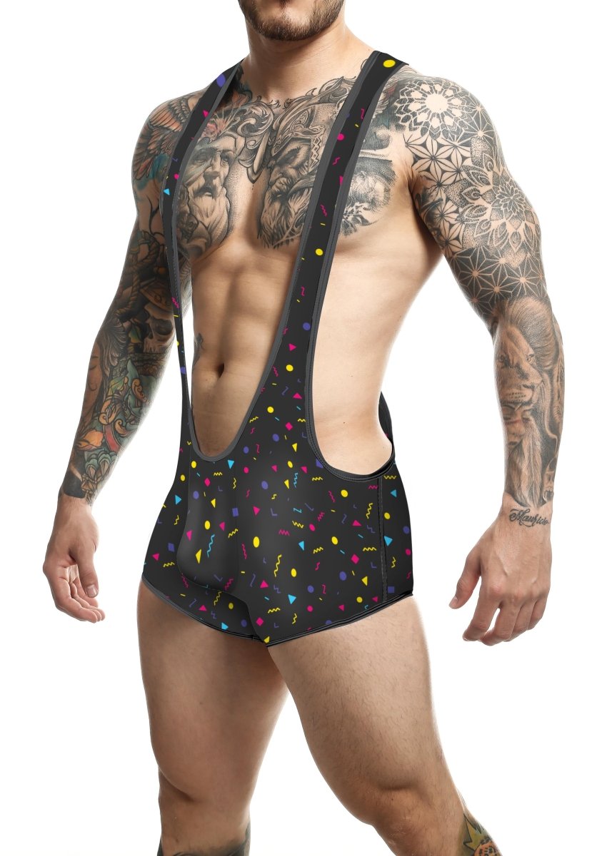 Black mens suspenders with vibrant multicolored confetti pattern from the MOB Singlet collection