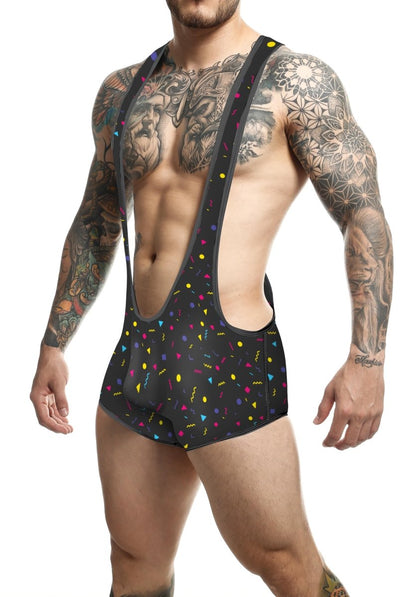 Black mens suspenders with vibrant multicolored confetti pattern from the MOB Singlet collection