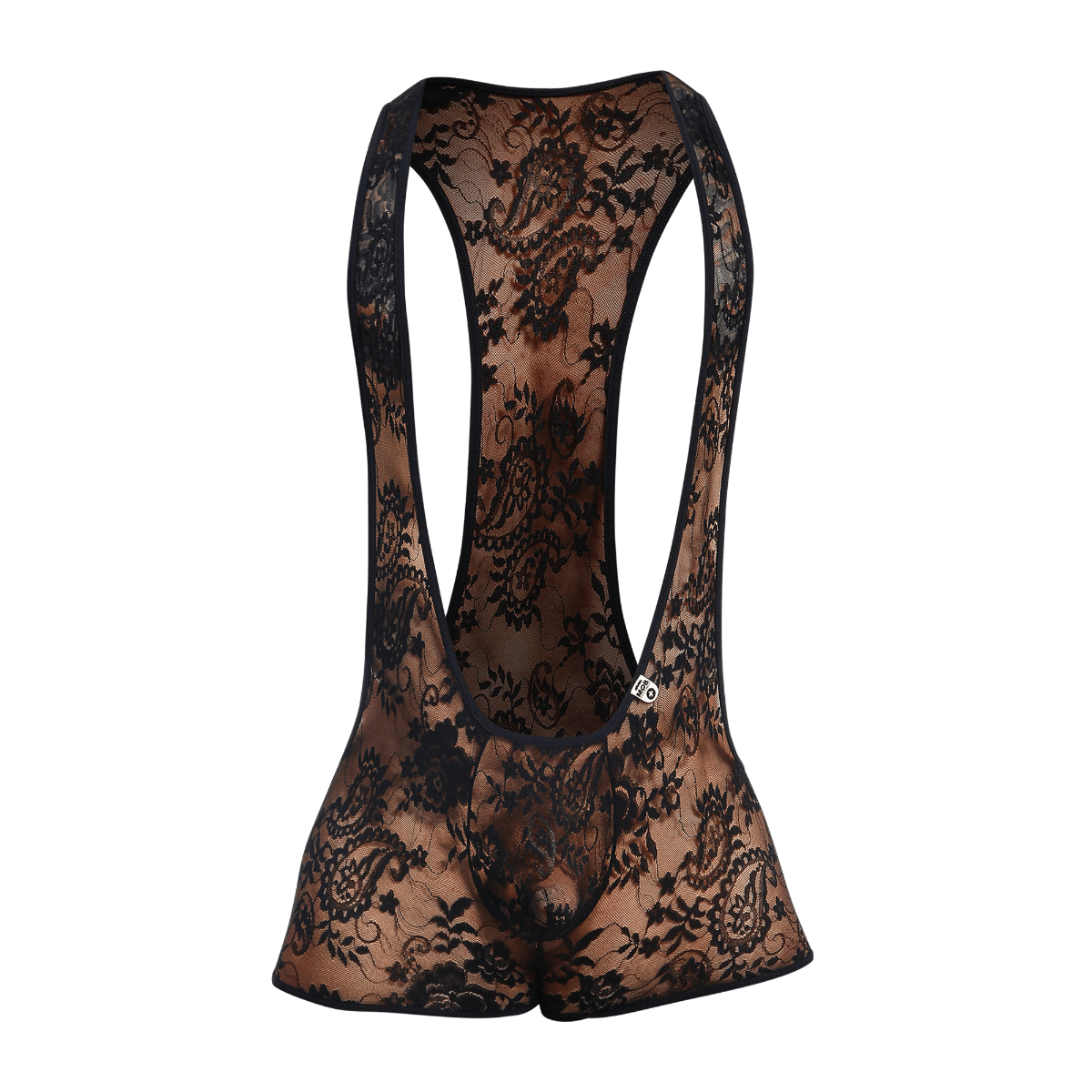Black lace MOB singlet bodysuit with intricate floral patterns and a sheer, form-fitting design