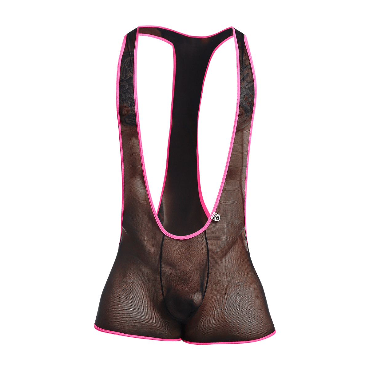 Black mesh cycling bib shorts with vibrant pink trim and lace detailing along the sides for MOB Singlet