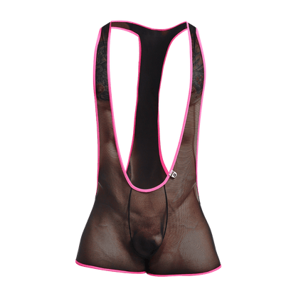 Black mesh cycling bib shorts with vibrant pink trim and lace detailing along the sides for MOB Singlet