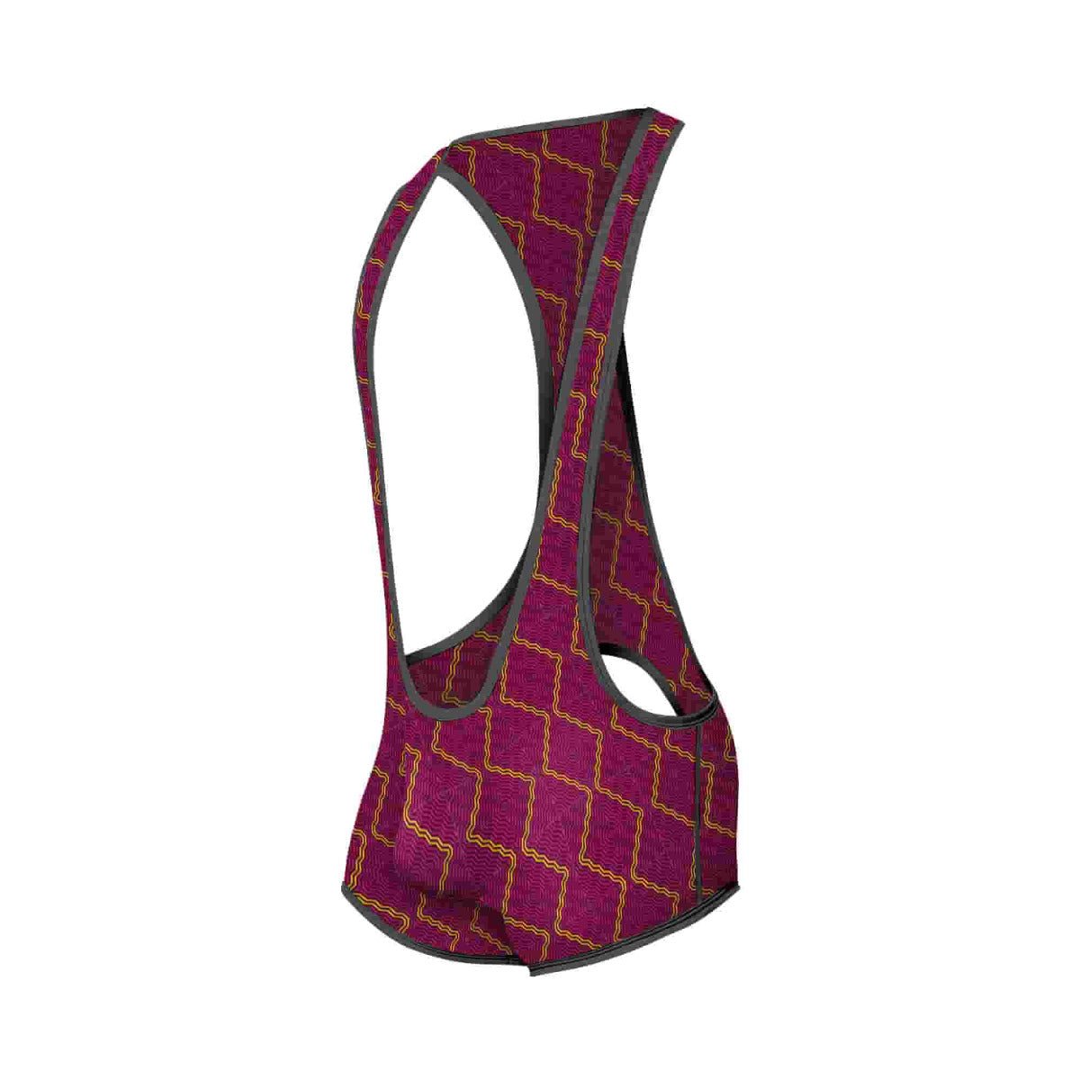 Maroon mob singlet with gold geometric pattern and black trim designed for cycling use