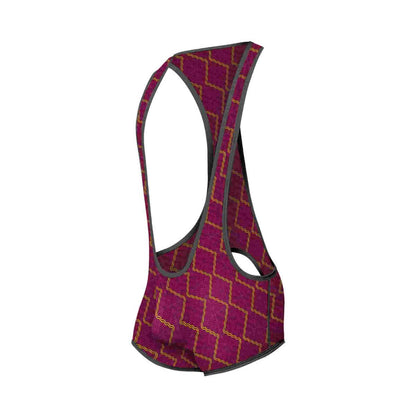 Maroon mob singlet with gold geometric pattern and black trim designed for cycling use