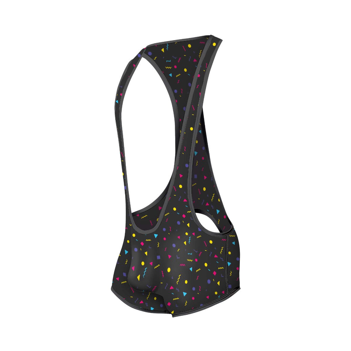 Black cycling bib shorts with vibrant multicolored confetti pattern featuring yellow pink blue and purple geometric shapes