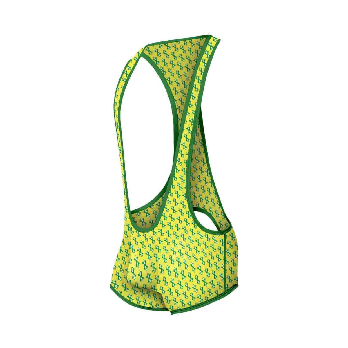 Bright yellow MOB Singlet cycling jersey with green crosshatch pattern and matching green trim front view