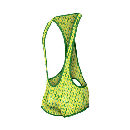 Bright yellow MOB Singlet cycling jersey with green crosshatch pattern and matching green trim front view