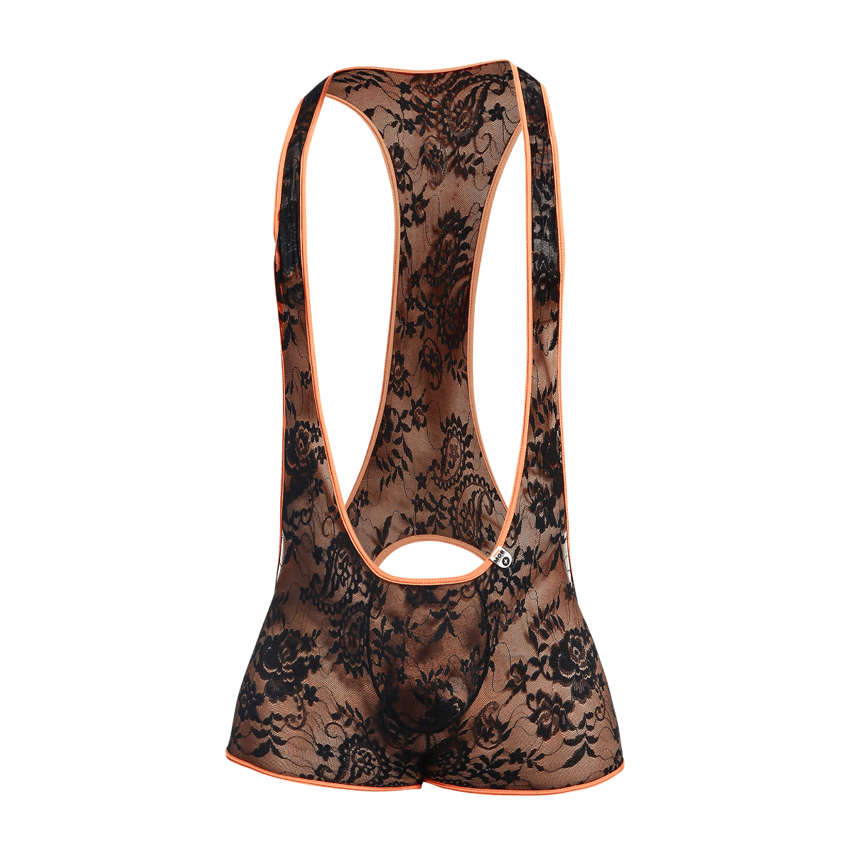 Black floral lace cycling bib shorts with orange trim shown from the back in the MOB Singlet product line