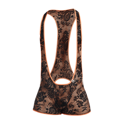 Black floral lace cycling bib shorts with orange trim shown from the back in the MOB Singlet product line