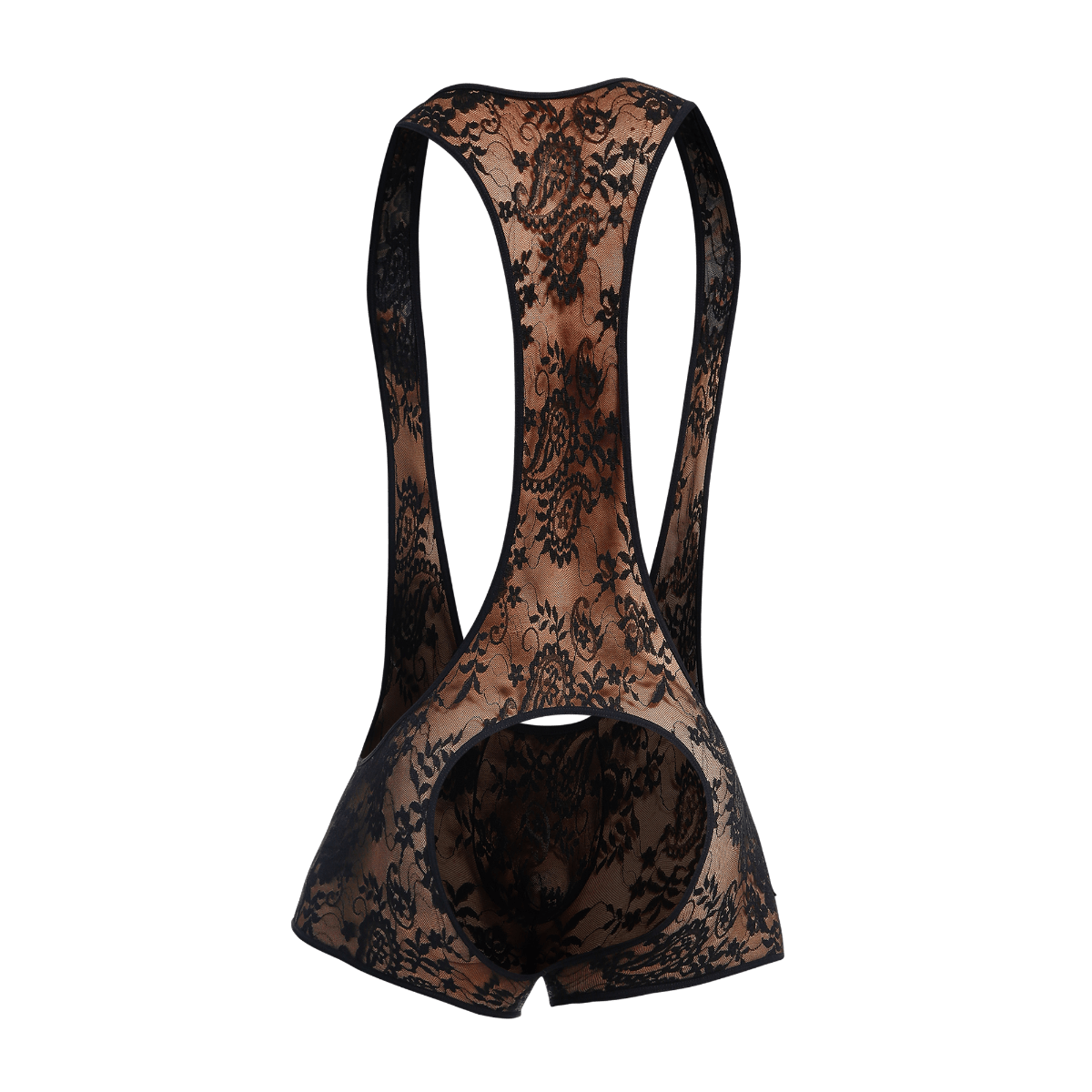 Black lace cycling bib shorts with sheer patterned design featured in mob singlet product line
