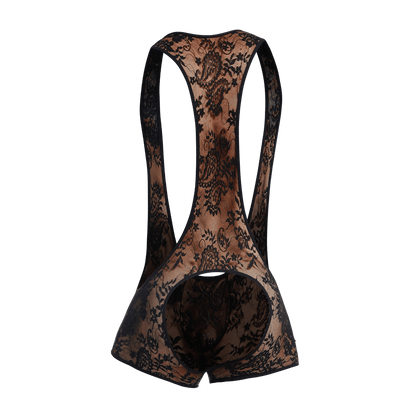 Black lace cycling bib shorts with sheer patterned design featured in mob singlet product line