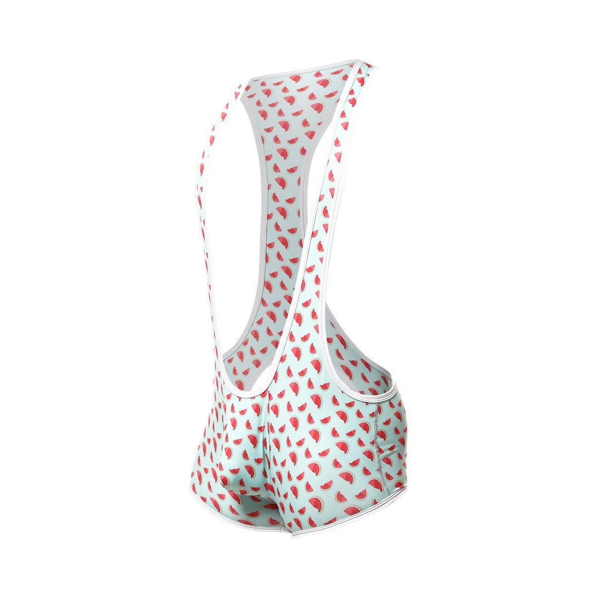 Light blue cycling bib shorts with red watermelon slice pattern and white trim for comfortable riding