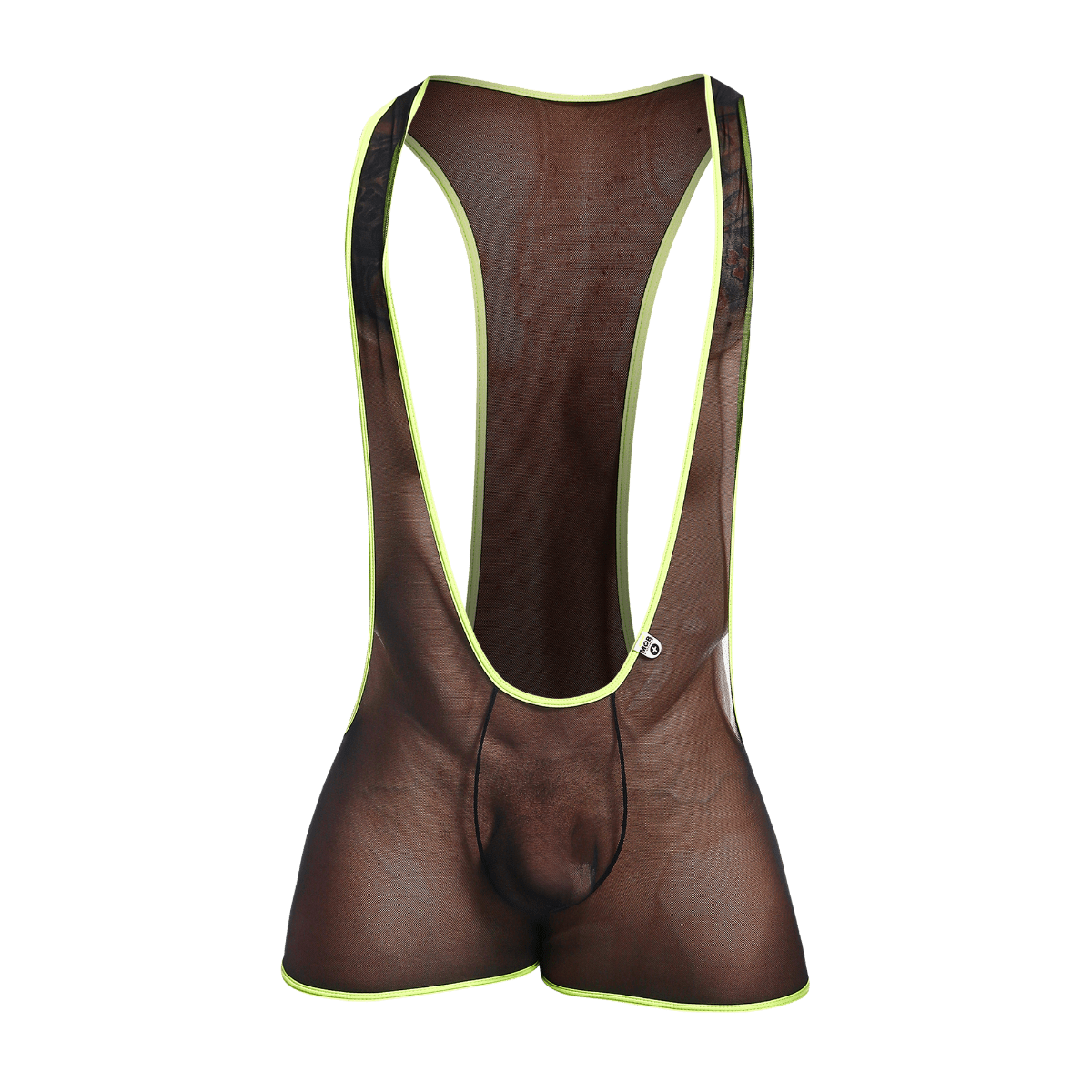 Brown mesh cycling bib shorts with neon yellow trim from mob singlet shown from the back side