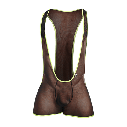 Mob singlet brown mesh cycling bib shorts with neon yellow trim designed for comfortable riding