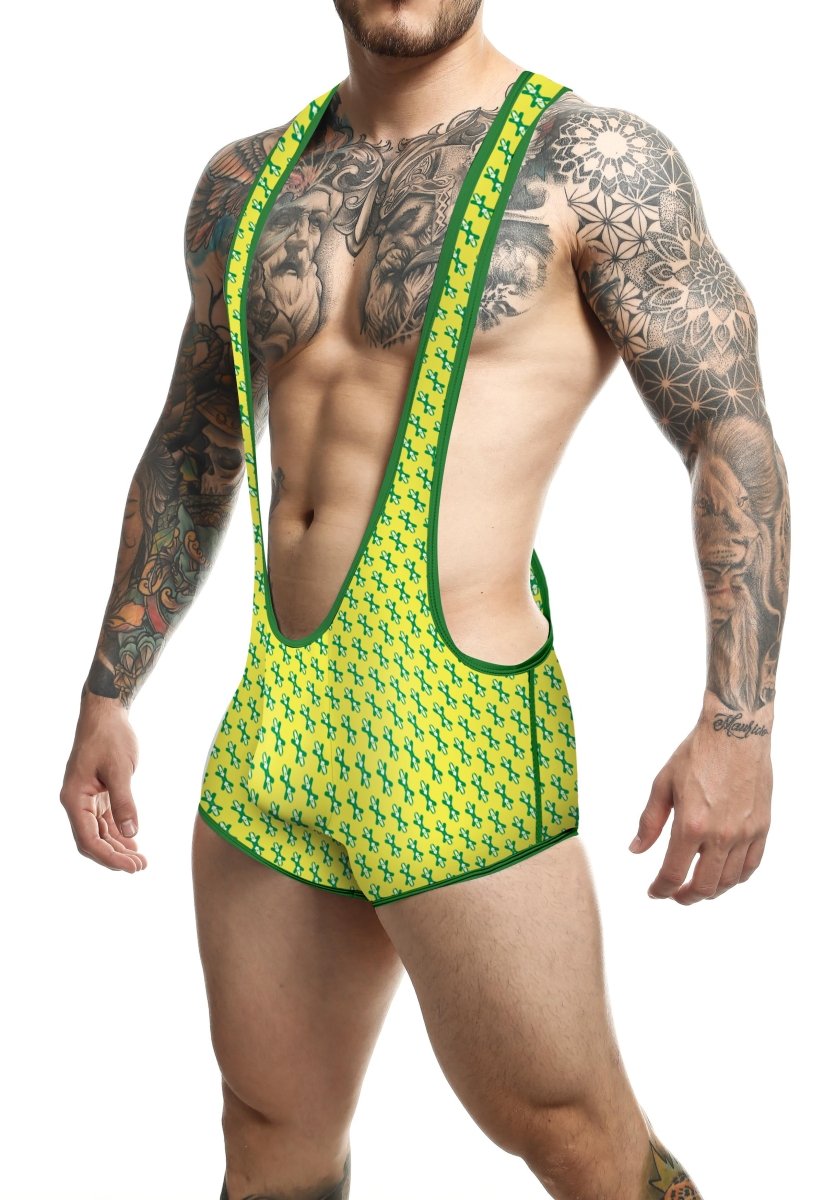 Men’s mob singlet with bright green and lime yellow patterned suspenders featuring a bold black crosshatch design
