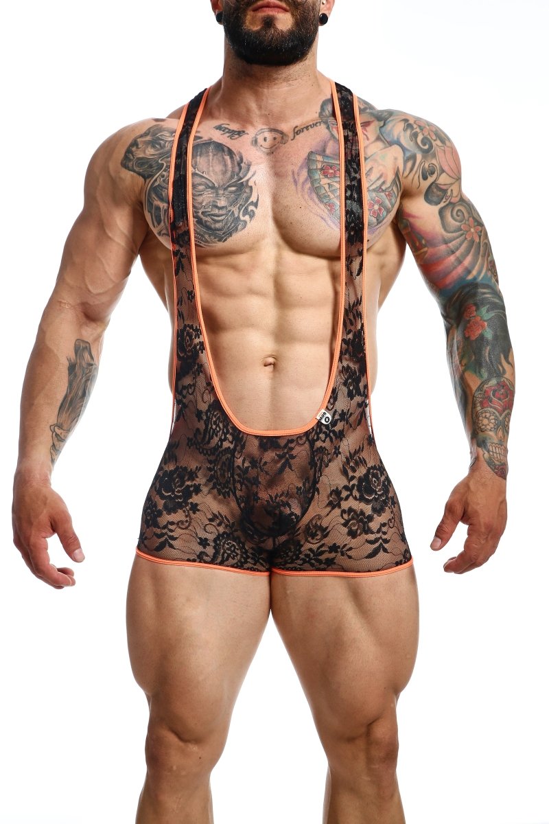 Black lace mob singlet bodysuit with orange trim showcasing sheer floral design and sleeveless fit